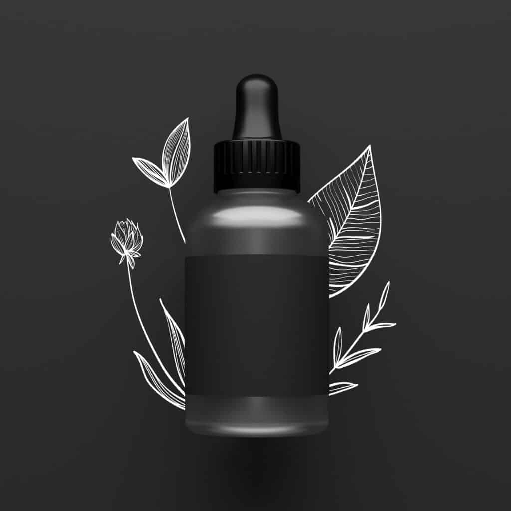 Black Bottle modern design Eye Dropper. with painted leaves background. 3d illustration