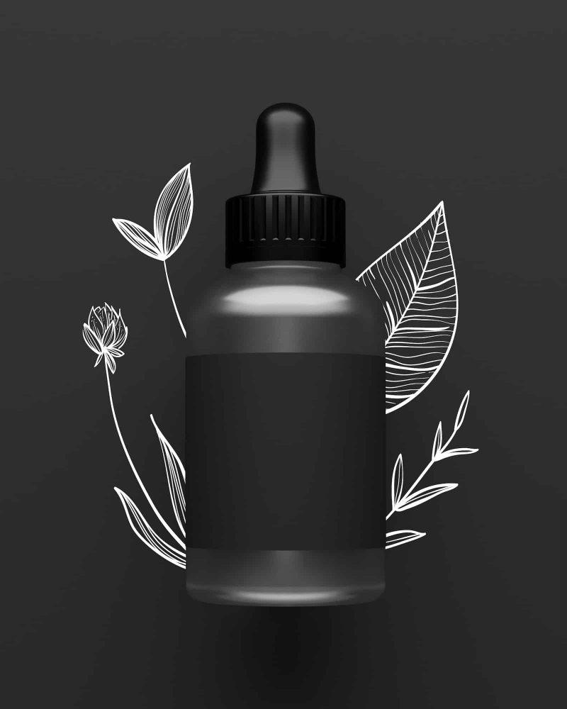 Black Bottle modern design Eye Dropper. with painted leaves background. 3d illustration