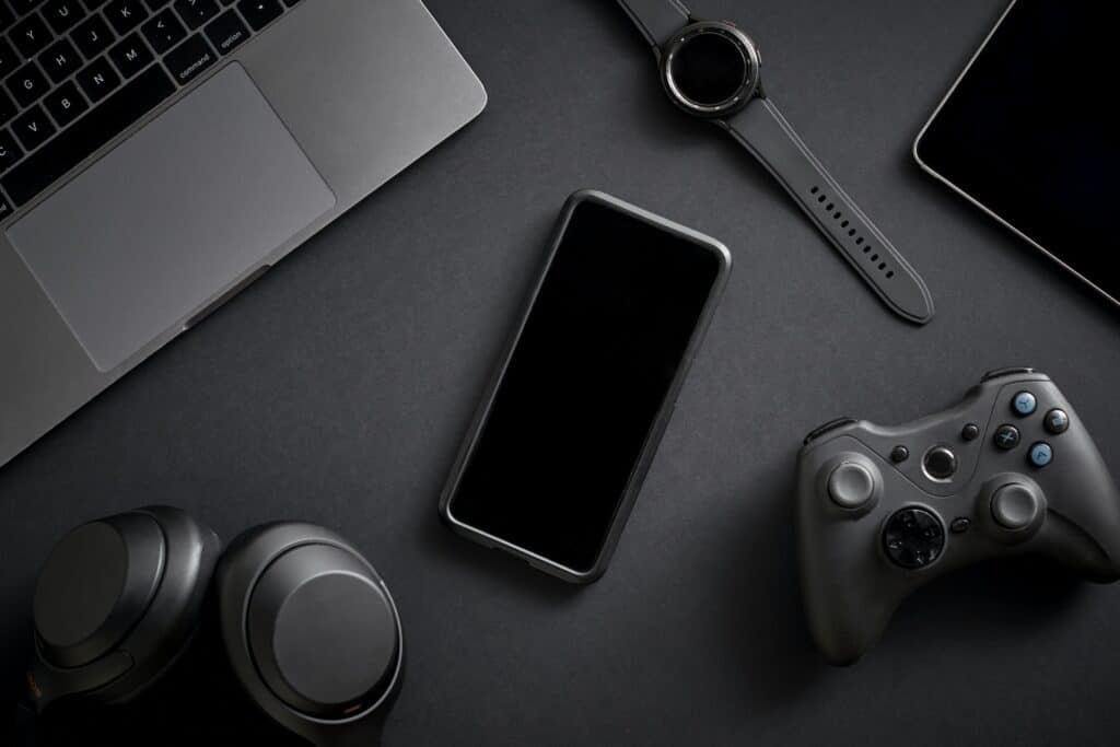 Overhead Flat Lay Shot Of Wireless Digital Technology Gadgets